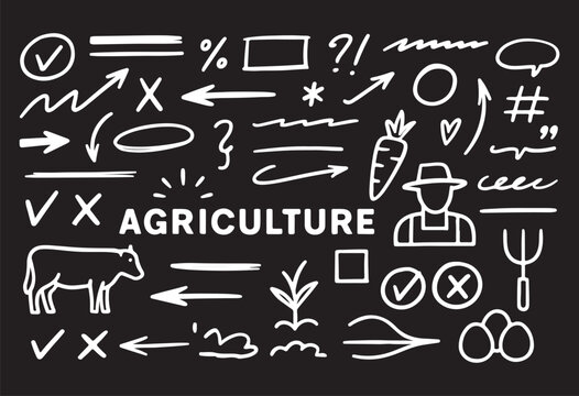 A collection of charming vector icons related to agriculture. This set includes a barn, tractor, corn, and a farmer, perfect for farming and rural-themed designs.