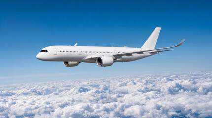 Obraz premium Side profile of White airplane commercial jet plane Airbus A350 cruising through clear blue sky. Elegant minimalist aviation photography for travel industry brochures and airline marketing.