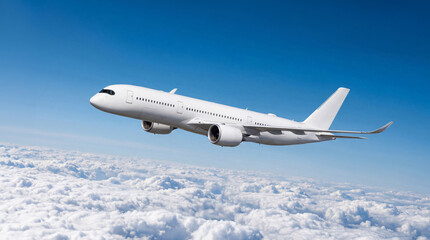 Obraz premium Dynamic angle of White airplane commercial jet plane Airbus A350 banking over fluffy white clouds. High quality stock image of modern aviation transport for corporate and travel advertising.