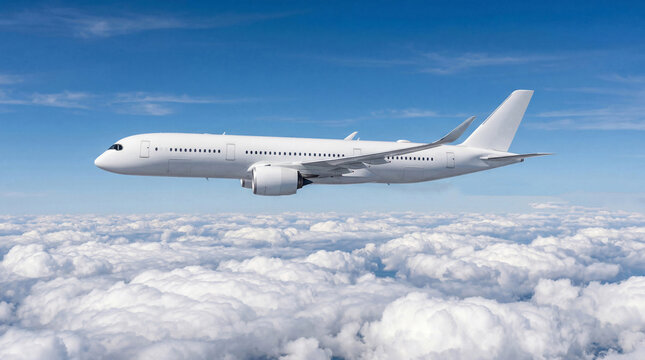 Clean white airplane commercial jet plane Airbus A350 in mid-air flight with blue sky background for aviation and logistics business template