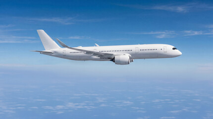 Obraz premium Close up wing view of white airplane commercial jet plane Airbus A350 flying stable over the ocean of clouds with clear blue sky for vacation and leisure advertising