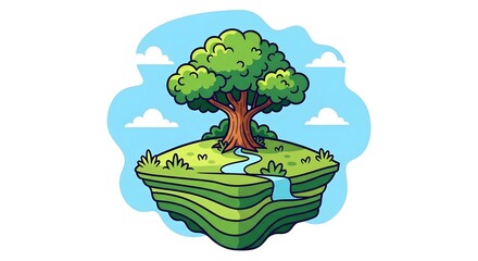Fototapeta premium A cartoon illustration of a tree on a grassy cliffside with a stream running through it under.