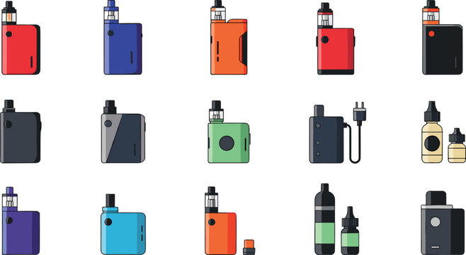 Vape device collection with e cigarette kits mods pods bottles modern smoking gadgets vector illustration set