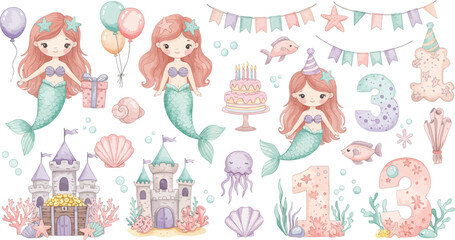 Obraz premium Whimsical mermaid illustrations with pastel colors and festive decorations for kids