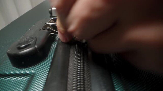 Fingers fasten the zipper pulls into the suitcase's combination lock, ensuring the luggage is securely locked for the trip.