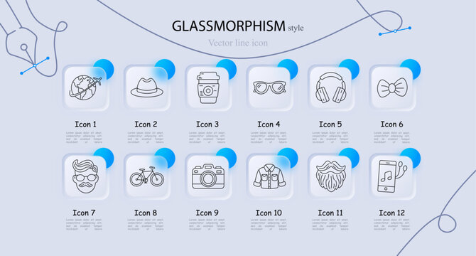 Lifestyle fashion accessories set icon. Line symbols with globe airplane travel, fedora hat, takeaway coffee cup, sunglasses, headphones, bow tie, hipster hairstyle moustache, bicycle, camera