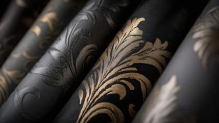Obraz premium Intricate Gold Damask Patterns on Dark Luxury Wallpaper Rolls