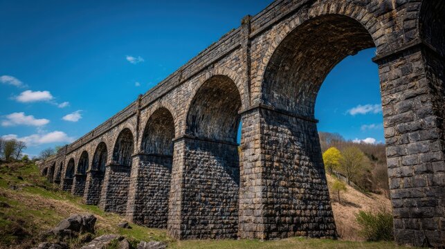 Grand stone viaduct with multiple parabolic arches under a clear blue sky