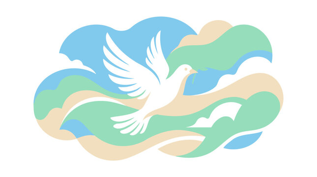 White Dove with Olive Branch, Flying over Abstract Waves. Peace, Hope, Spirituality, Hajj. Flat Vector Art, Pastel Colors, Minimalist Illustration.