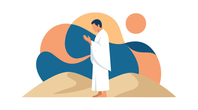 Muslim Pilgrim Man in Ihram Praying on Desert Dunes for Arafah Hajj Ritual. Spiritual Devotion Flat Illustration with Earthy Tones Vector Graphic.