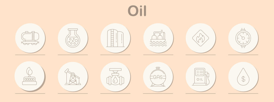 Oil industry set icon. Line style icons display storage tank, laboratory flask, refinery plant, offshore rig, flammable sign, pressure gauge, gas burner, pump jack, pipeline valve, gas tank