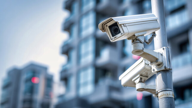CCTV cameras and loudspeakers are mounted on a pole outside an apartment building during bright daylight with clear visibility of the surroundings