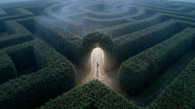Person entering glowing arch in maze symbolizing breakthrough solution and new opportunity. Concept of personal transformation process, innovation mindset, and achieving success.