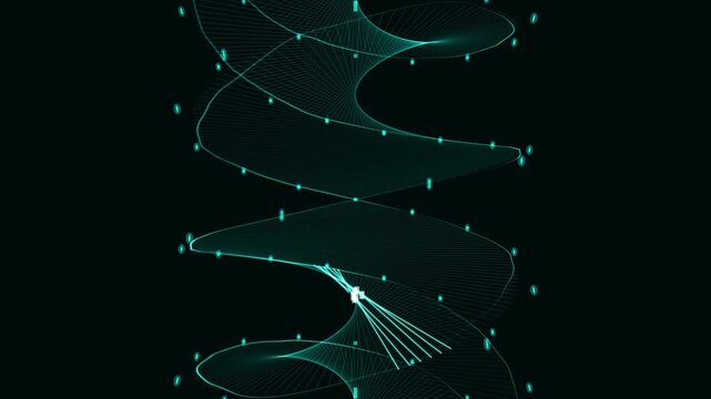 micro-scale bio-computing helix mutates chaotic cyan base pairs in a deep teal void. Visualizes polymorphic encryption logic. Ideal for cybersecurity explainer videos and tech brand presentations.