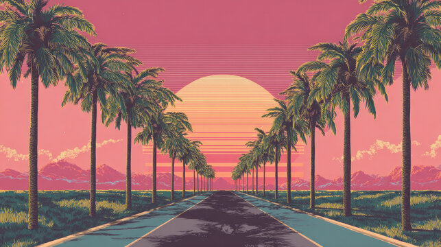 Tropical highway landscape. Road with palm trees at sunset panorama vector illustration