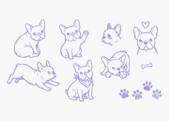 Obraz premium French Bulldog Icon Set Vector Illustration - Minimalist Purple Line Art Collection of Cute Frenchie Poses, Paw Prints, and Bone for Pet Branding and Stickers