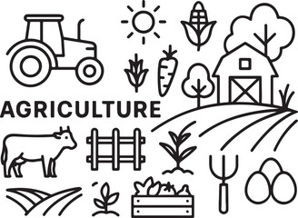 Fototapeta premium Hand-drawn seed sharing and community gardening icons set in a black and white doodle style, illustrating concepts of swapping, planting, sustainability, and ecology
