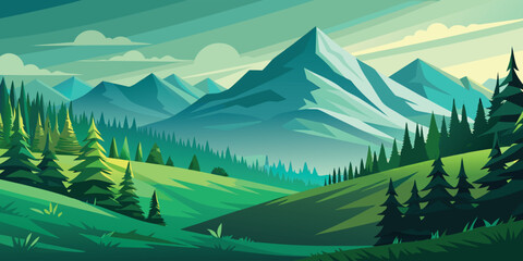 Fototapeta premium A vibrant digital illustration of layered mountain ranges under a warm sunset sky with soft clouds