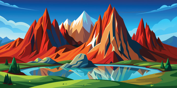 A minimalist vector illustration showing layers of mountain ranges during a vibrant sunset scene