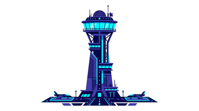Futuristic control tower managing modern aircraft at an advanced airport. A vibrant vector illustration of future transportation.