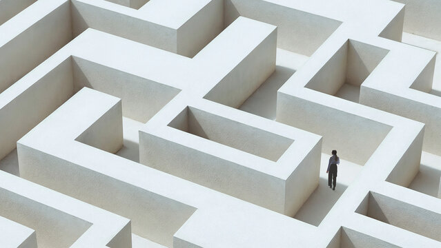 Minimal white abstract maze with single person walking representing clarity and direction. Concept of simple navigation, clear decision making, focused thinking process, finding right path.
