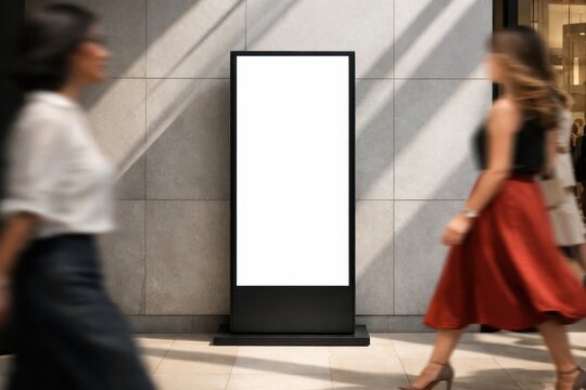 blank vertical digital signage totem mockup in modern shopping center with blurred women walking past stone wall empty space for text concept of retail advertising marketing