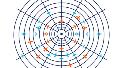 Obraz premium Digital radar screen display showing multiple aircraft navigating controlled airspace, illustrating modern air traffic management and aviation technology concept.