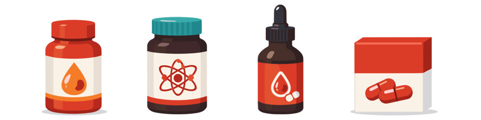 Obraz premium Collection of stylized pharmaceutical packaging and supplements with medical symbols