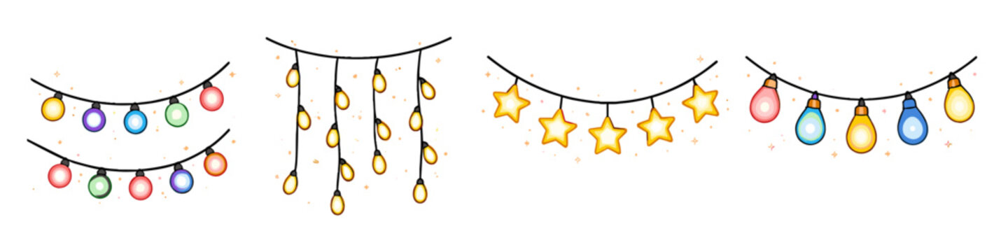 Collection of festive string lights in various shapes and colors for decoration