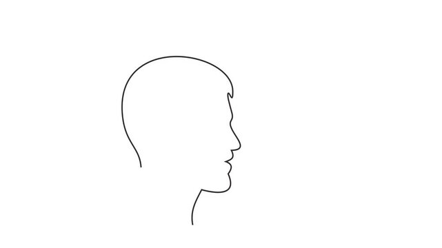Animated self drawing of continuous line draw of Mind and plane outline, idea in brain head of human, motion to target on airplane. Full length one line animation. 4K	
