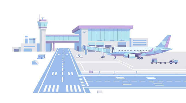 Futuristic airport terminal with a passenger jet at the gate, preparing for departure. Modern air travel vector illustration.