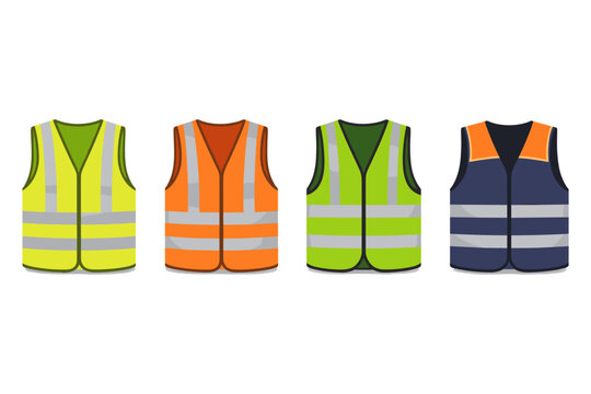 Collection of high-visibility safety vests in various colors and reflective stripes