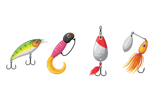 Collection of colorful fishing lures including crankbait, jig, spoon, and spinnerbait