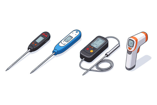 Various digital thermometers including probe and infrared models on white background