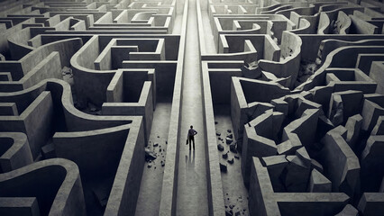 Man standing in front of broken maze walls representing disruption and new path creation. Concept of breaking barriers, overcoming obstacles, innovation strategy, transformation process.