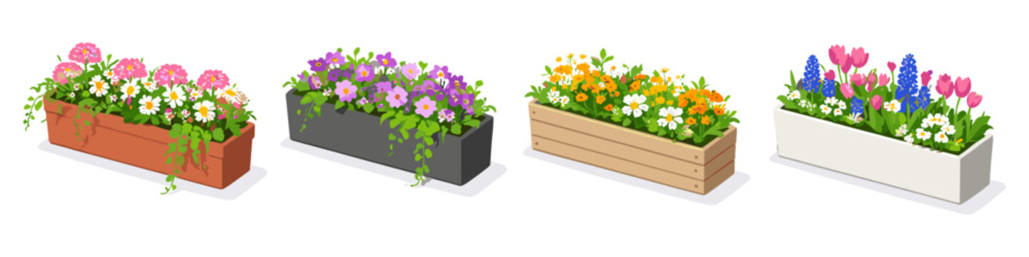 Four different window boxes filled with colorful blooming flowers and greenery