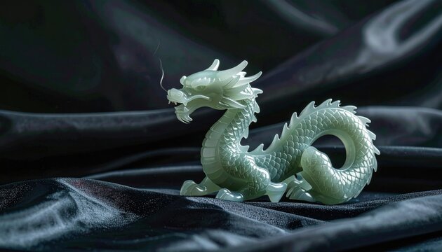 Elegant Jade Dragon Sculpture Displayed on Dark Fabric, Showcasing Intricate Detailing and Mythical Majesty