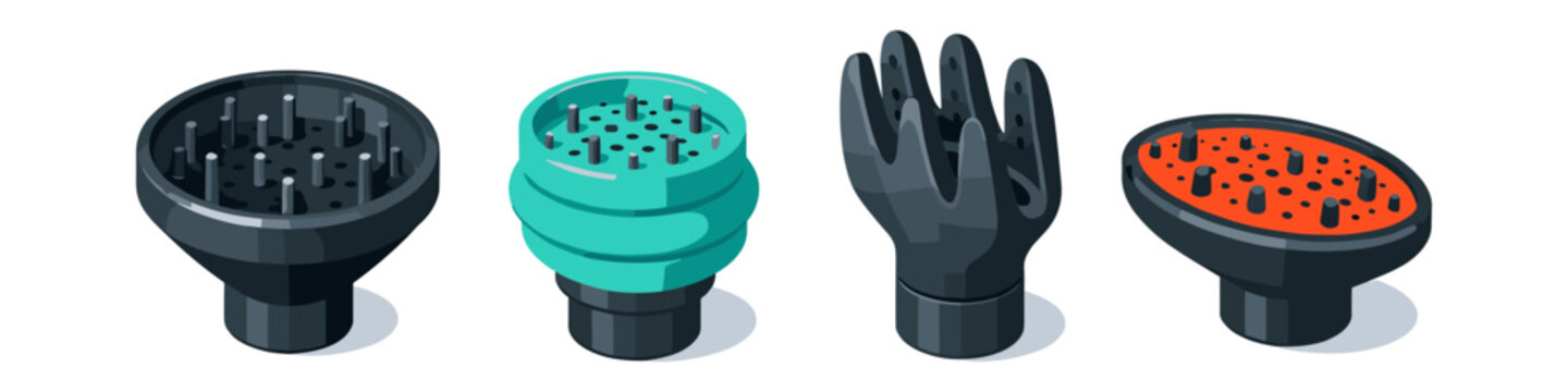 Set of four different hair dryer diffuser attachments for styling curly hair