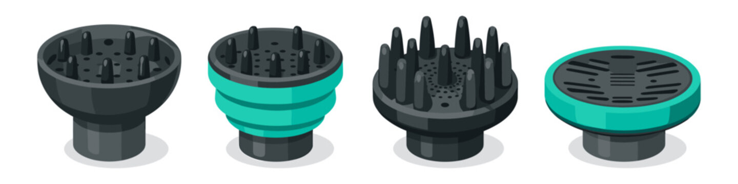 Collection of four different hair dryer diffuser attachments for curly hair styling