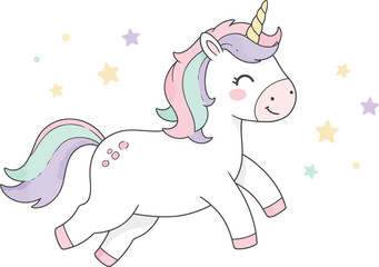 Fototapeta premium Colorful illustration of a smiling unicorn with pastel mane and tail