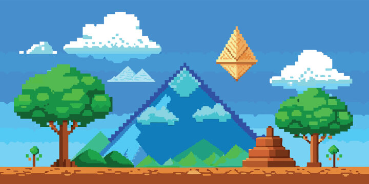 A vibrant synthwave landscape featuring stylized mountain peaks against a glowing striped orange sun