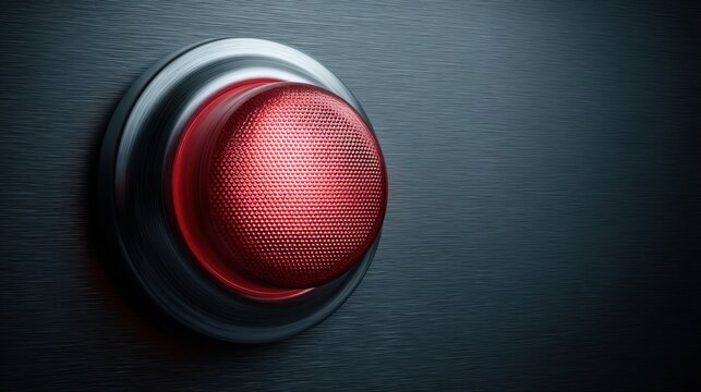 A prominent illuminated red emergency stop button glowing with light on a dark industrial surface