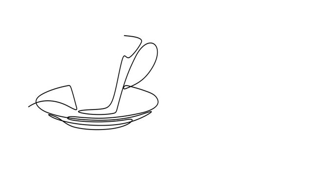 Animated self drawing of continuous line draw of Croissant and coffee drawn in one line style. Breakfast theme with linear pastry and coffee for logo and posters. Full length one line animation. 4K	