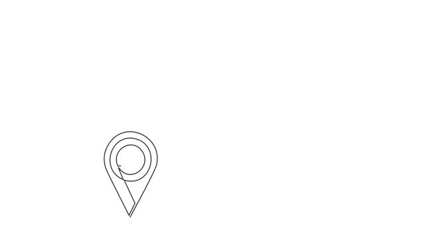 Animated self drawing of continuous line draw of airplane flying from maps pin pointer	
 location. One line art of holiday travel tourism. Full length one line animation. 4K