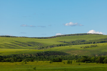 Fototapeta premium Rolling green hills stretching across rural landscape