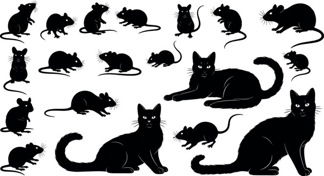 Cats and mice silhouettes vector illustration with predator prey theme, black artwork symbolizing contrast, nature, and animal interaction motifs