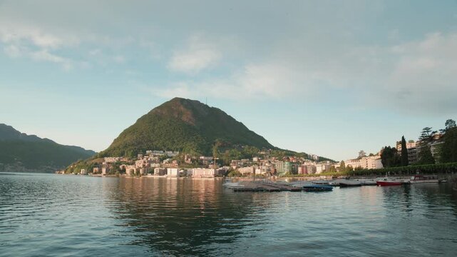 View of Lake Lugano with the city of Paradiso in the background