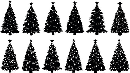 Fototapeta premium Black silhouette vector illustration of decorated Christmas trees with stars and ornaments, festive holiday symbolizing celebration, winter presence concept