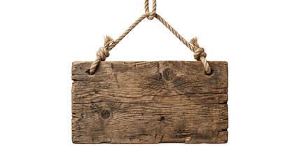 Rustic hanging wooden sign suspended by rope © BTG