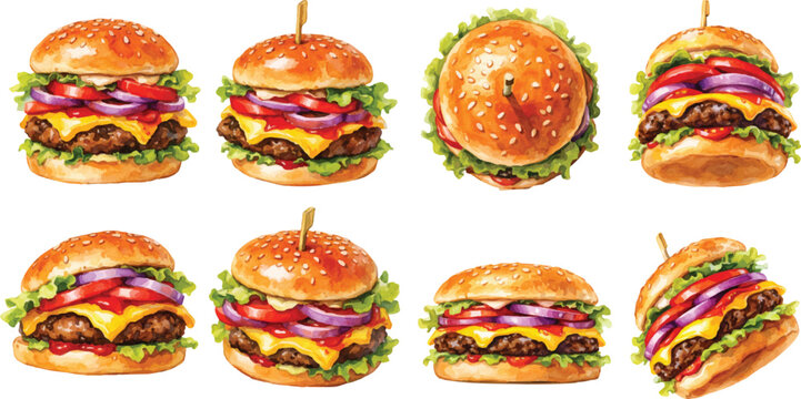 Watercolor cheeseburger set, eight juicy beef burgers with fresh toppings illustration isolated on white background